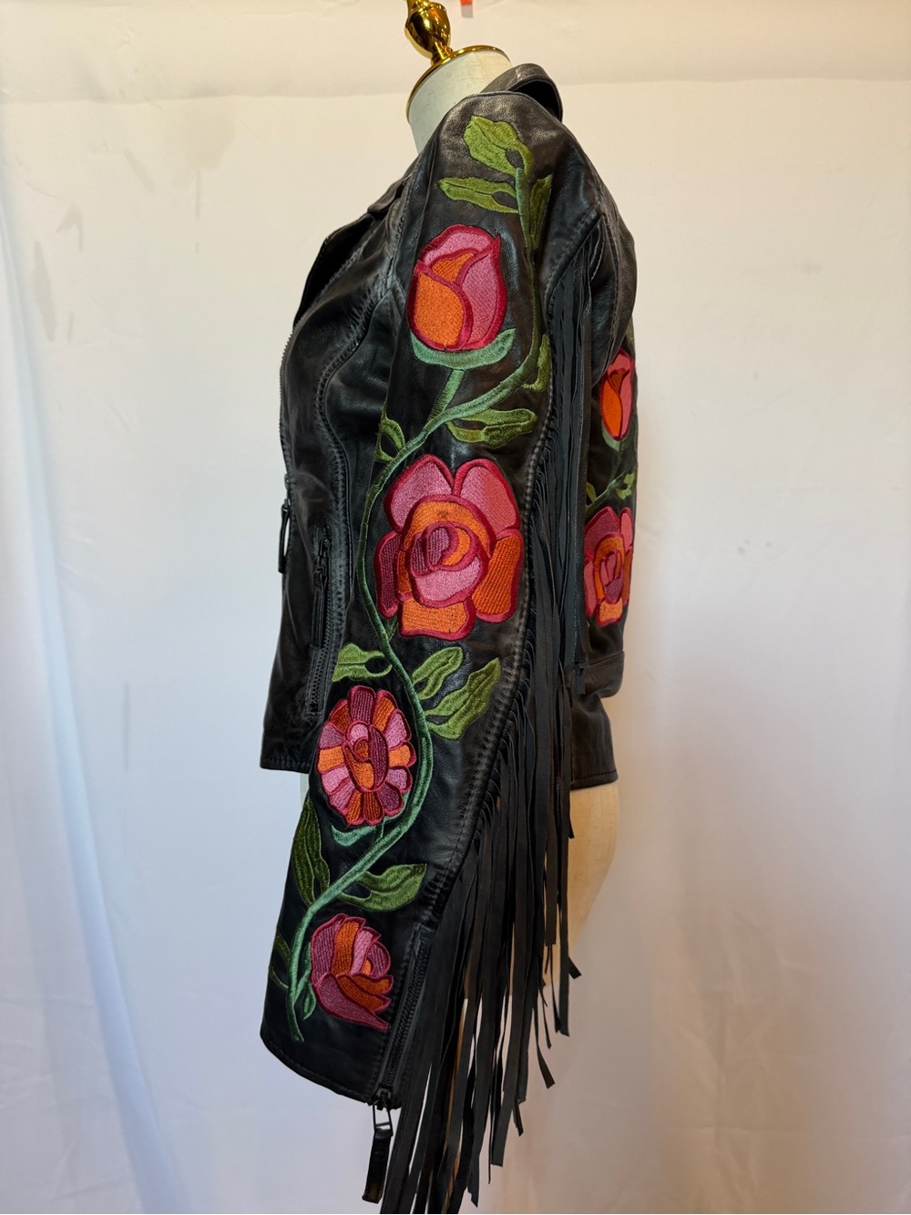 Free People x Mauritius Leather Jacket with Floral Embroidered and Fringe - Picture 3 of 7